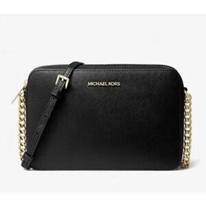 New Michael Kors Jet Set Item Large Zip Chain Crossbody Bag Black with Gold